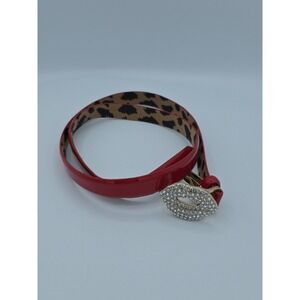 Betsey Johnson Rhinestone Lips Red Faux Patent Leather Belt Gold Buckle M